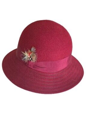 Vintage Betmar Womens Cloche Hat with Feather Trim - Burgundy